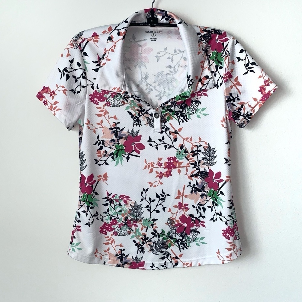 Court Haley Floral Golf Tennis Polo Womens Small White‎ Textured